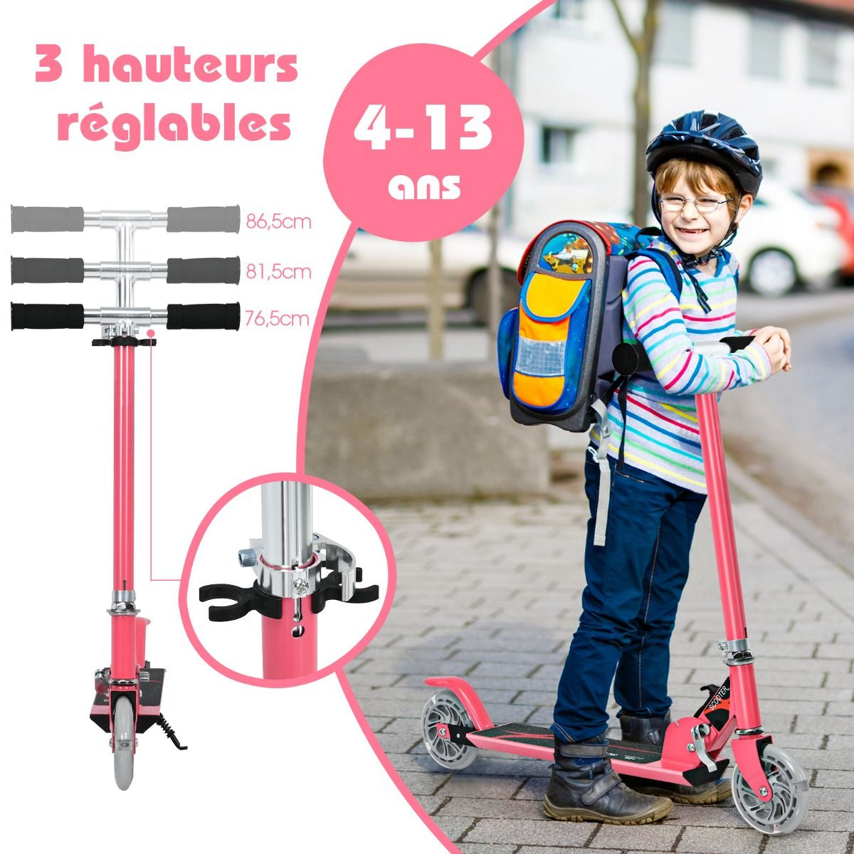 Trottinette Enfant 2 Roues Patinette Enfant Pliable Scooter Enfant Kick Avec LED Lumière Hauteur Réglable Bleu/Bleu Foncé/Rose/Rouge/Violet/Jaune