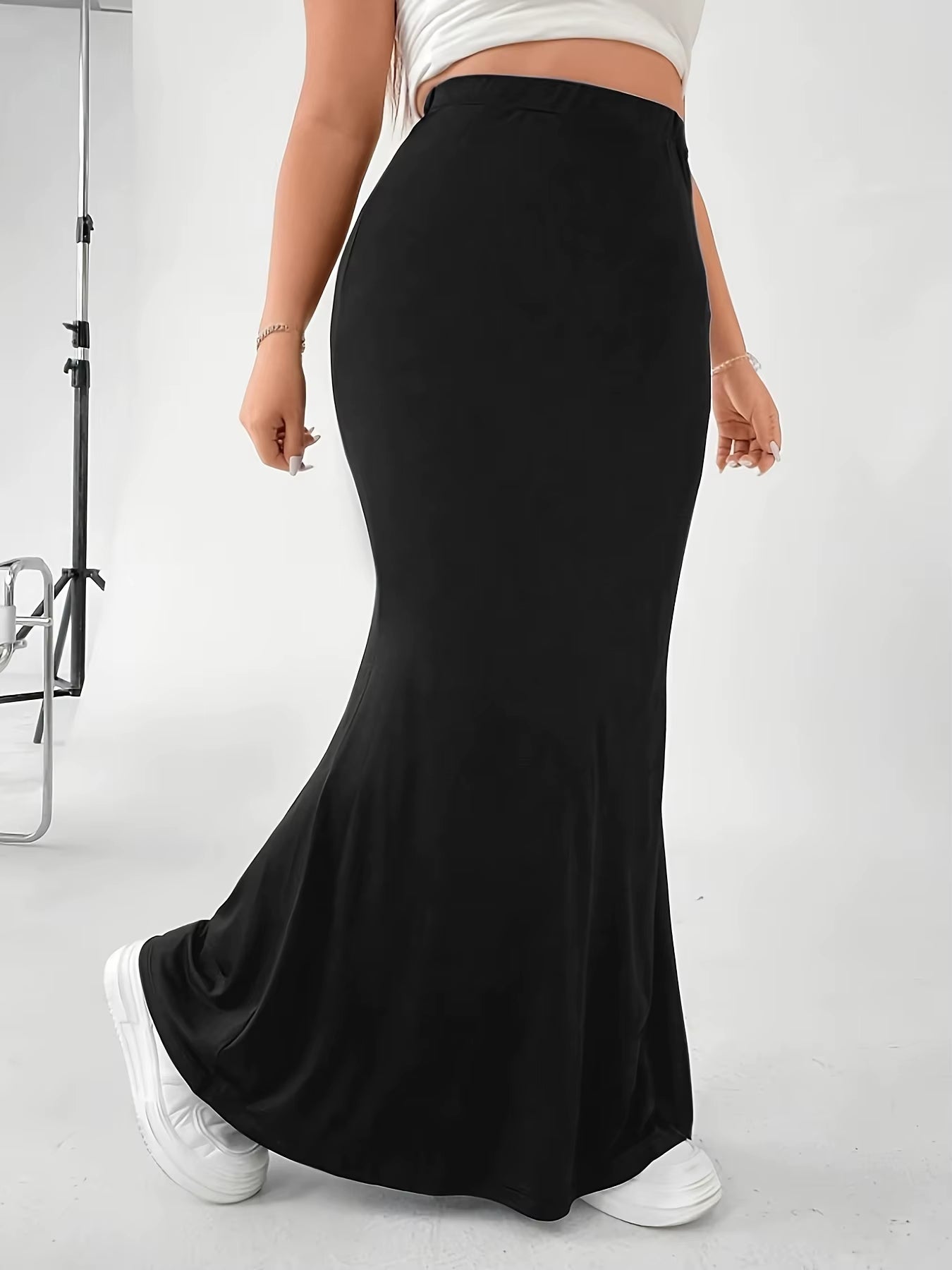 Plus Size Solid Color Mermaid Hem Skirt, Vacation Style High Waist Longline Skirt for Spring & Summer, Women'S plus Size Clothin