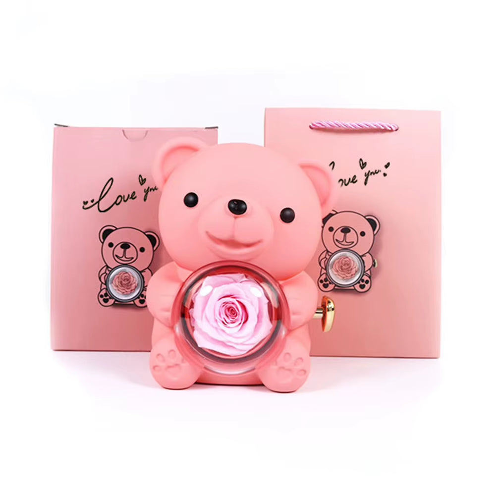 Bear Hug Eternal Rose Gifts Elegant Bear Rose Ring Box with Gift Bag Rotating Bear Rose Jewelry Box for Christmas Gift