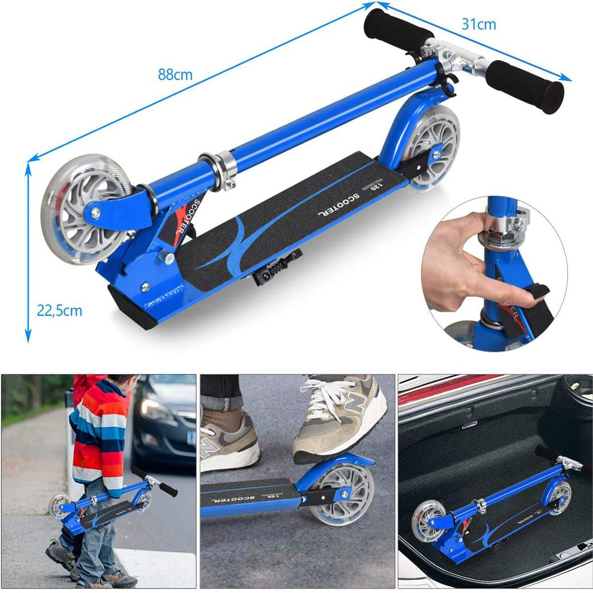 Trottinette Enfant 2 Roues Patinette Enfant Pliable Scooter Enfant Kick Avec LED Lumière Hauteur Réglable Bleu/Bleu Foncé/Rose/Rouge/Violet/Jaune