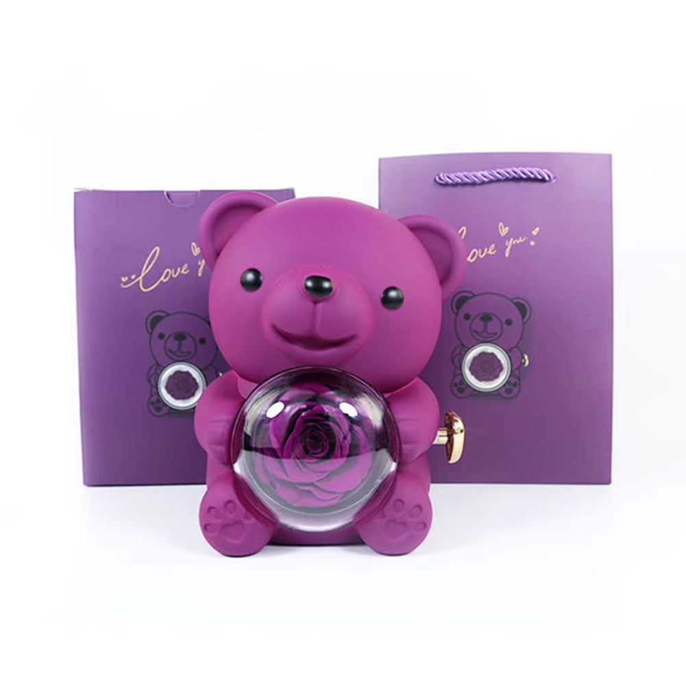 Bear Hug Eternal Rose Gifts Elegant Bear Rose Ring Box with Gift Bag Rotating Bear Rose Jewelry Box for Christmas Gift