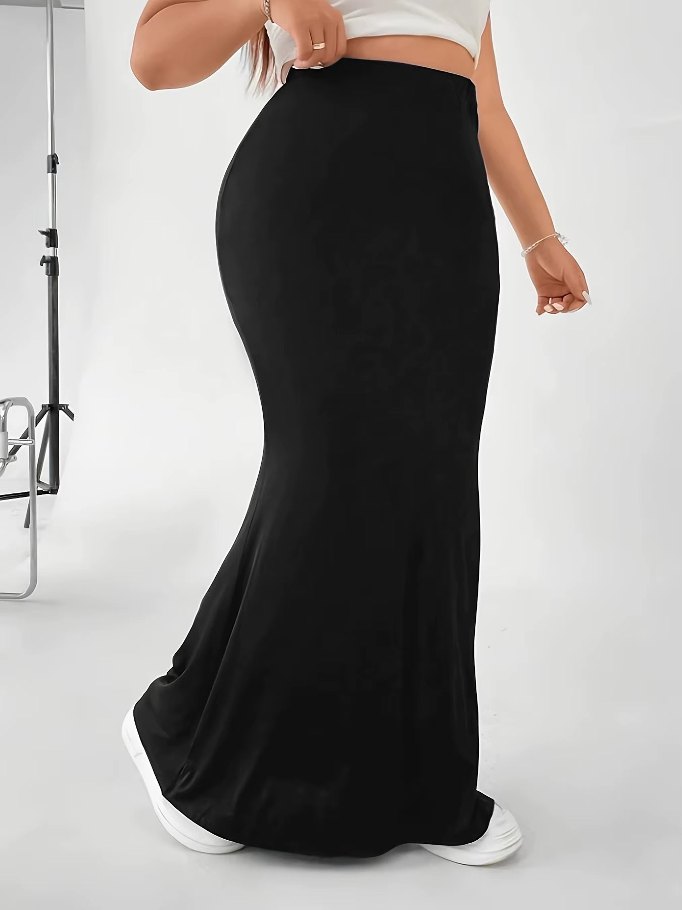 Plus Size Solid Color Mermaid Hem Skirt, Vacation Style High Waist Longline Skirt for Spring & Summer, Women'S plus Size Clothin