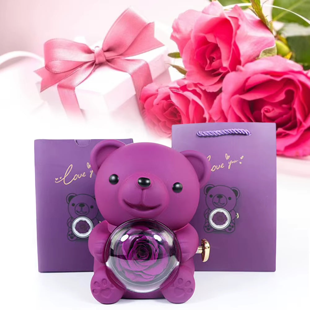 Bear Hug Eternal Rose Gifts Elegant Bear Rose Ring Box with Gift Bag Rotating Bear Rose Jewelry Box for Christmas Gift