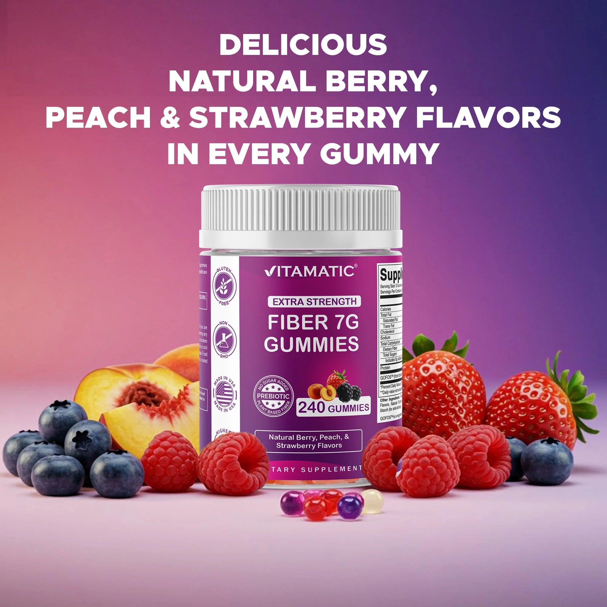 Prebiotic Fiber Gummies for Adults- 240 Pectin Based Gummies, Digestive Health & Regularity Support