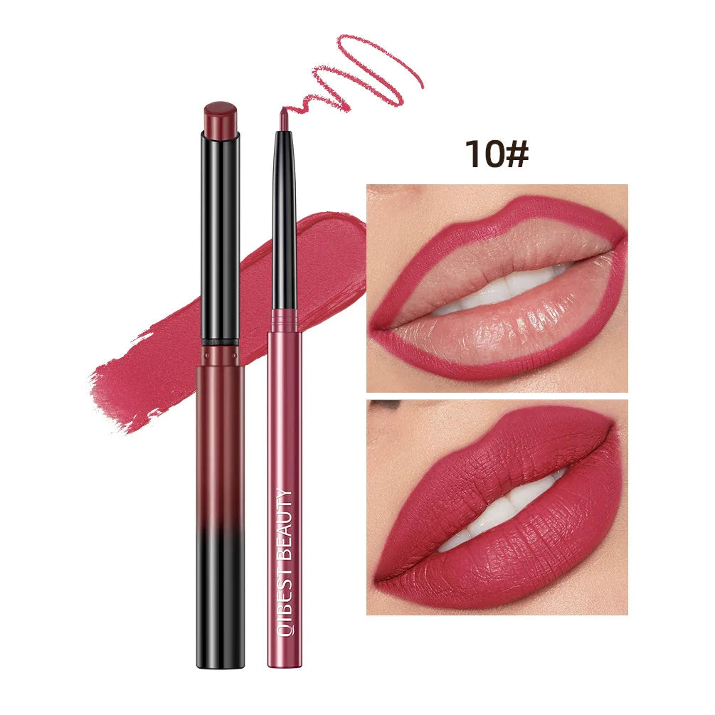 QIBEST 2Pcs Lipstick Lipliner Pen Set Matte Velvet Lip Liner Pencil Contour Makeup Sexy Red Lip Stick Long Lasting Cosmetics