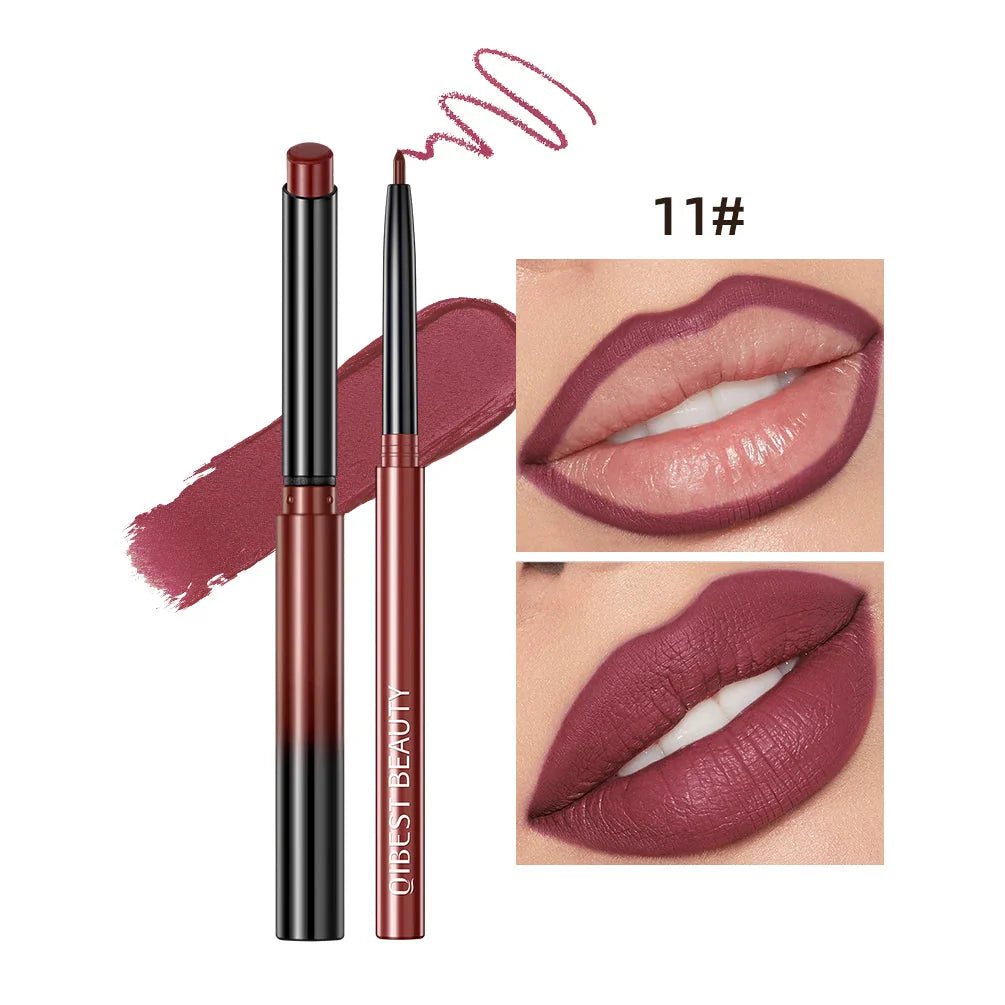 QIBEST 2Pcs Lipstick Lipliner Pen Set Matte Velvet Lip Liner Pencil Contour Makeup Sexy Red Lip Stick Long Lasting Cosmetics
