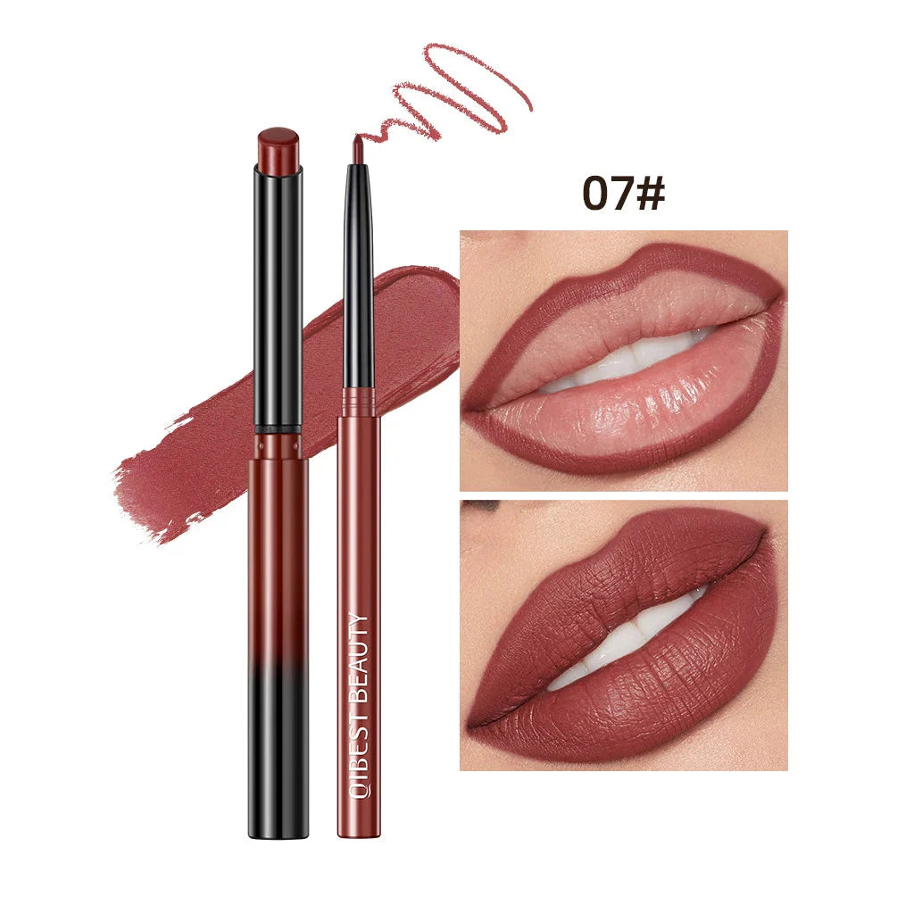 QIBEST 2Pcs Lipstick Lipliner Pen Set Matte Velvet Lip Liner Pencil Contour Makeup Sexy Red Lip Stick Long Lasting Cosmetics