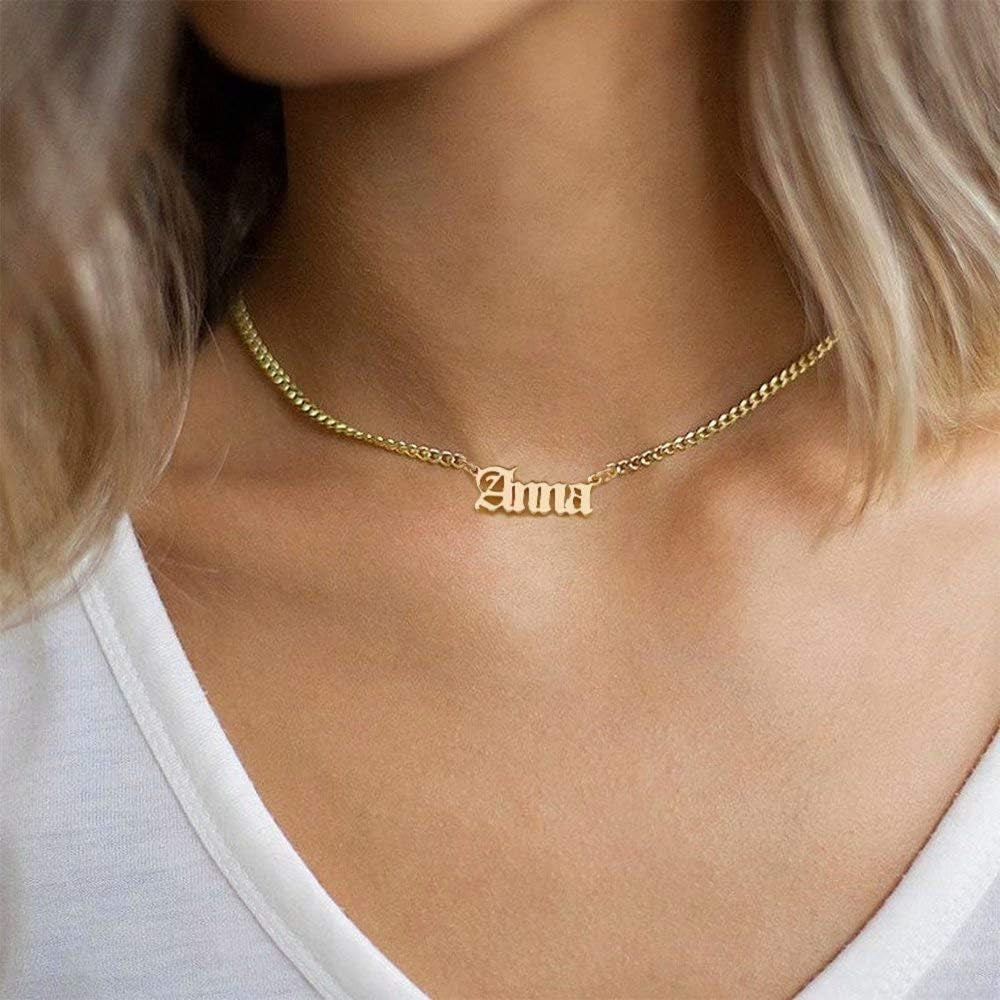 Gold Custom Name Necklace Personalized, Michelle 14K Gold Plated Personalized Name Necklace Gold Customized Necklace Jewelry Name Plate Necklace Personalized Gifts for Women Gothic Font Style