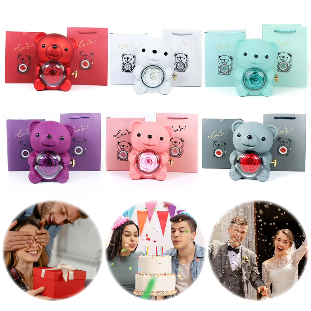 Bear Hug Eternal Rose Gifts Elegant Bear Rose Ring Box with Gift Bag Rotating Bear Rose Jewelry Box for Christmas Gift