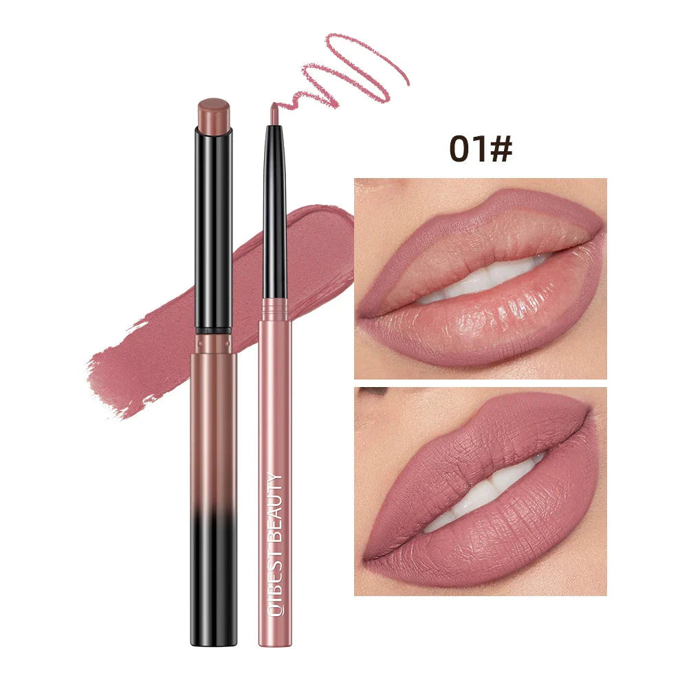 QIBEST 2Pcs Lipstick Lipliner Pen Set Matte Velvet Lip Liner Pencil Contour Makeup Sexy Red Lip Stick Long Lasting Cosmetics